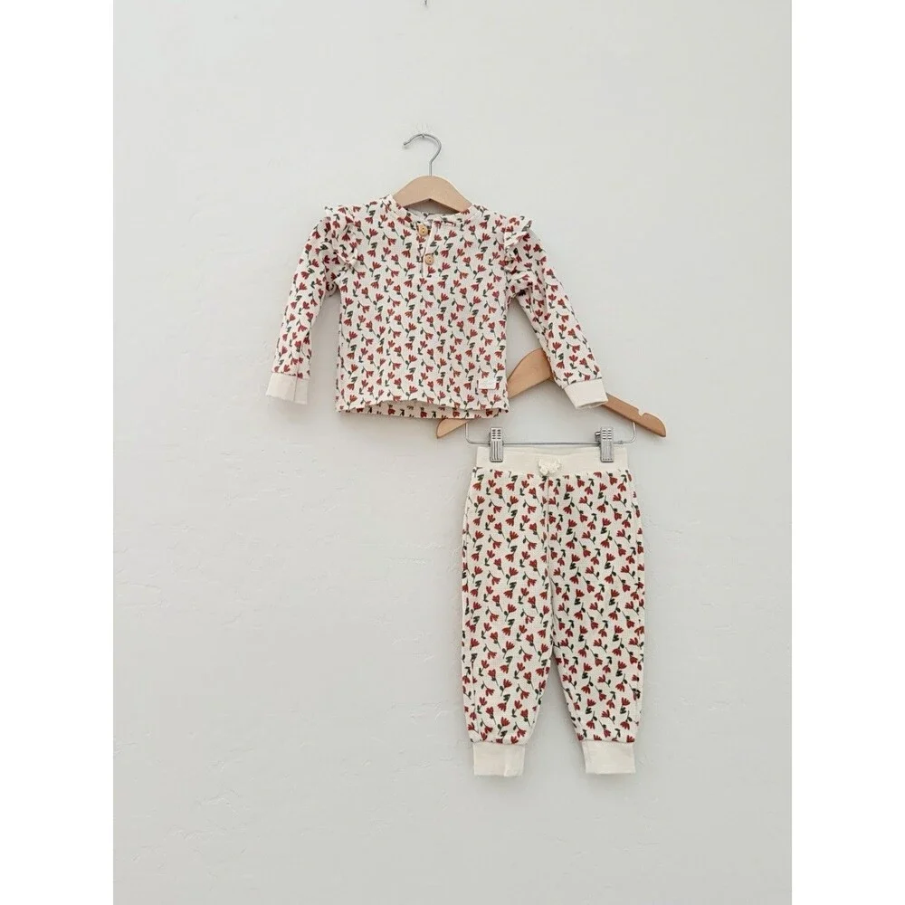 Seven 7 For All Mankind Girls Waffle Floral 2pc Set Outfit Shirt Pants Baby 18m